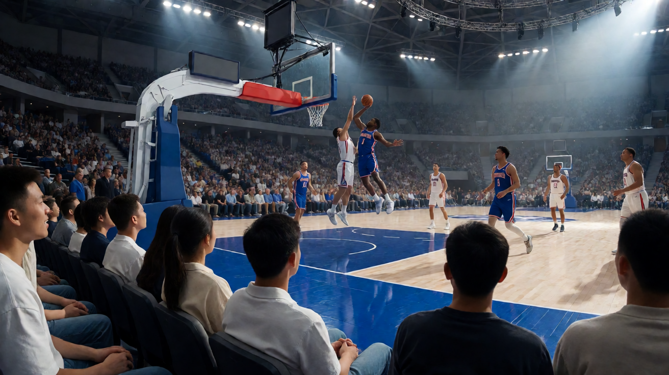 NBA球馆内激烈对抗的扣篮瞬间